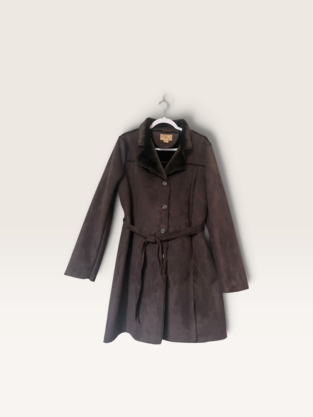 Vintage FIFI Brown Long Belted Faux Suede Coat - Women